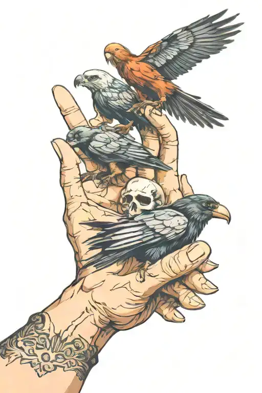 hands, skulls, crow tattoo design idea