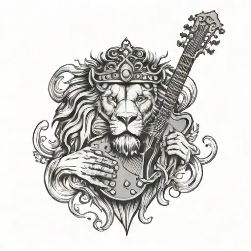 A majestic lion with a crown and a guitar, embodying the strength and leadership of a business owner tattoo design idea