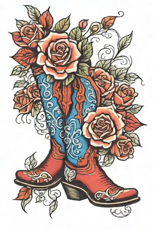 cowboy boots red roses bluebird tattoo design idea