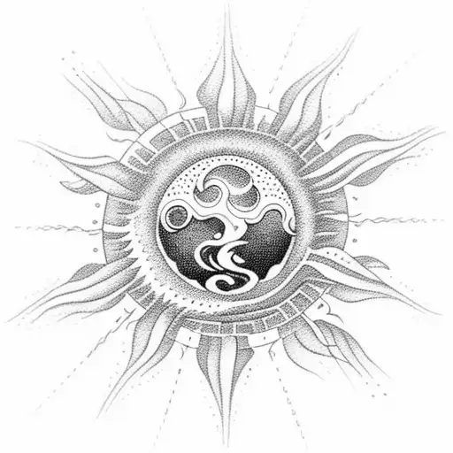 An intricate dotwork tattoo of a sun setting over the ocean waves, with a football hidden in the reflection tattoo design idea