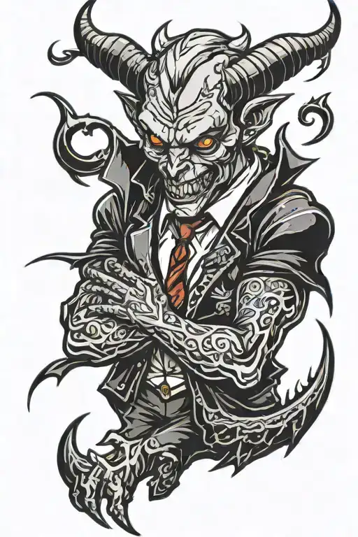 a devil with black suit holding a parsu like very dengerous  tattoo design idea