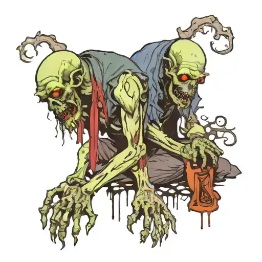 Two undead zombies prostrating and praying to something above tattoo design idea