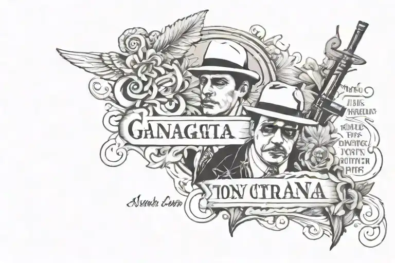 a gangsta tatoo inspired in al capone and tony montana with a Inspirational quote tattoo design idea