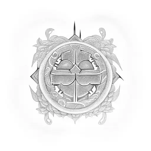 An intricate Adinkra symbol representing strength and courage surrounded by nature elements tattoo design idea