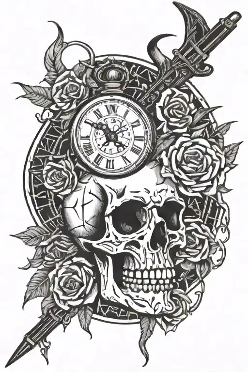 thorns, guns, skull, broken clock, deck of cards  tattoo design idea