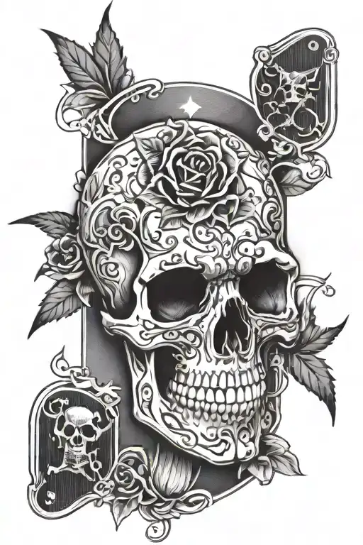 deck of cards, thorns wrapping, skull, gun tattoo design idea