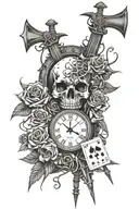 thorns, guns, skull, broken clock, deck of cards spread tattoo design idea