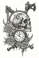 thorns, guns, skull, broken clock, deck of cards spread tattoo design idea