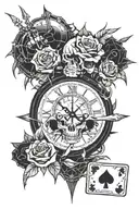 thorns, guns, skull, broken clock, deck of cards  tattoo design idea