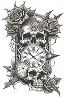 thorns, guns, skull, broken clock, deck of cards  tattoo design idea