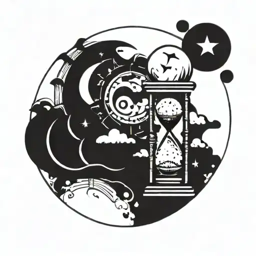 Hourglass and inside it sun, moon, stars and clouds. Black and white, minimalistic and witch wibes. tattoo design idea