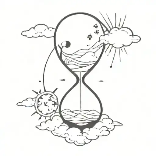 Hourglass. In hourglass sun, moon, stars and clouds. Black and white, minimalistic and witch wibes. tattoo design idea