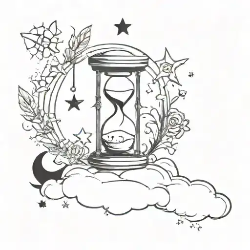 Hourglass with sun, moon, stars and clouds. Black and white, minimalistic and witch wibes. tattoo design idea