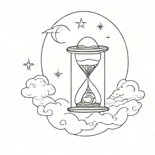 Hourglass and inside it sun, moon, stars and clouds. Black and white, minimalistic and witch wibes. tattoo design idea