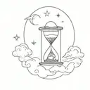 Hourglass and inside it sun, moon, stars and clouds. Black and white, minimalistic and witch wibes. tattoo design idea