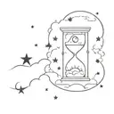 Hourglass and inside it sun, moon, stars and clouds. Black and white, minimalistic and witch wibes. tattoo design idea