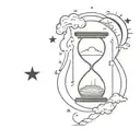 Hourglass and inside it sun, moon, stars and clouds. Black and white, minimalistic and witch wibes. tattoo design idea