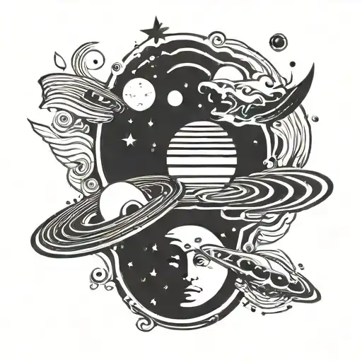 swirly arm band with five lines with sun, moon, Saturn and a ufo tattoo design idea