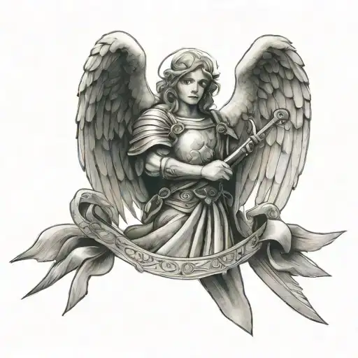 guardian angel holding a sword with ribbon tattoo design idea