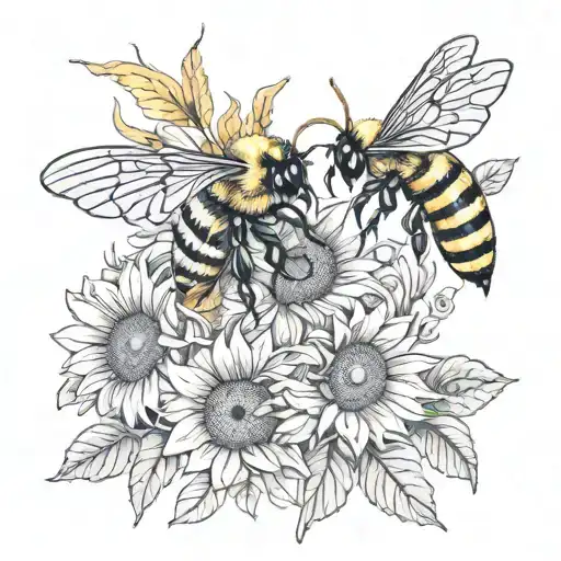bumble bee flying, sunflowers intertwined tattoo design idea