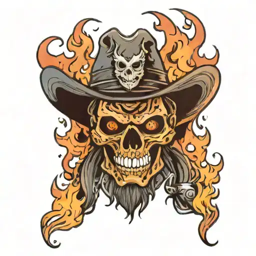 cowboy with skull head and flames and devil smile  tattoo design idea