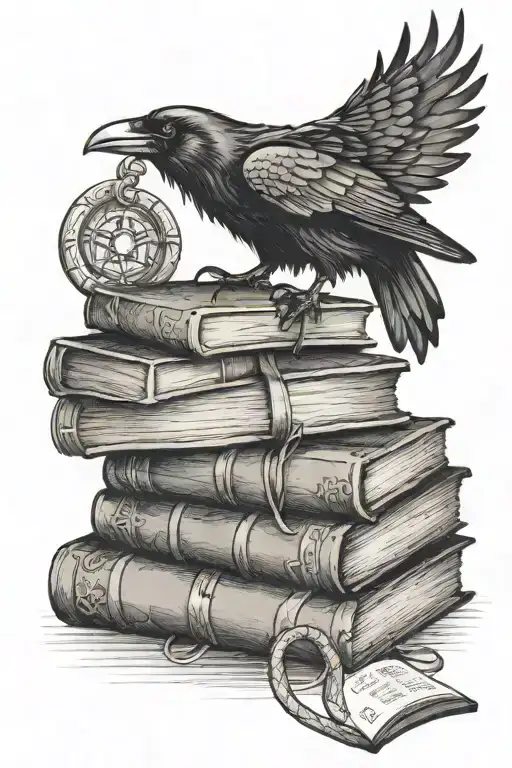 A raven perched on a stack of ancient books, with a snake winding around them tattoo design idea