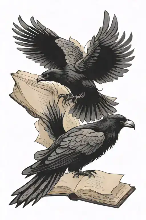 open book with ravens flying out and up tattoo design idea