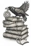 A raven perched on a stack of ancient books, with a snake winding around them tattoo design idea