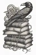 A raven perched on a stack of ancient books, with a snake winding around them tattoo design idea