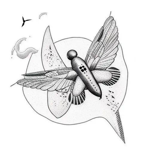 A minimalist dotwork tattoo of a flying swallow with a trail of footprints leading to different countries tattoo design idea
