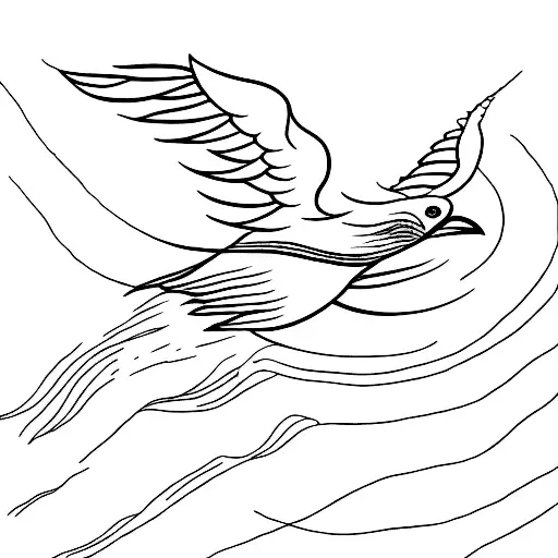 A minimalist dotwork tattoo of a flying bird with a trail of winds migrating tattoo design idea