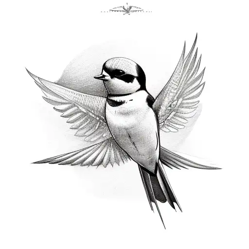 A sketch-style tattoo of a swallow perched on a vintage suitcase, ready to take flight tattoo design idea