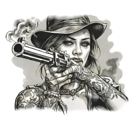 girl smoking joint with gun pointing forward  tattoo design idea