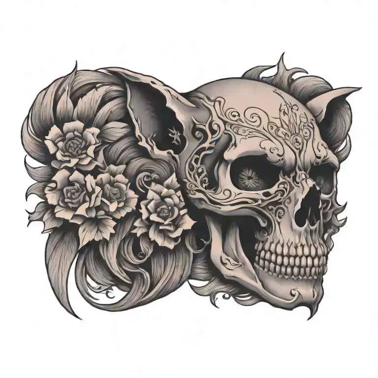 skull pink wolf tribal flowers tattoo design idea