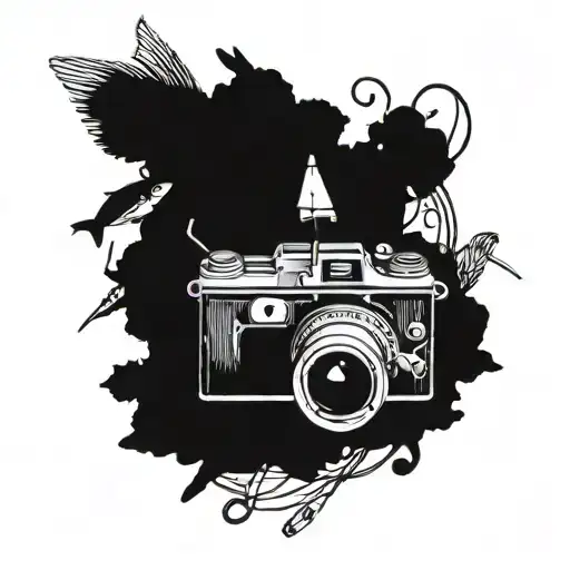 A blackwork tattoo of a vintage camera surrounded by fishing hooks and lures, blending the client's love for both fotojakt and fishing into a unique and meaningful design tattoo design idea