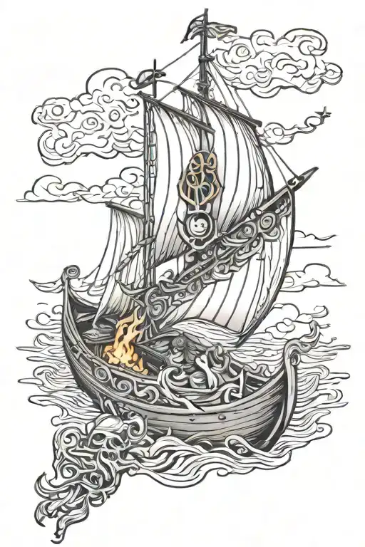 viking funeral pyre boat sailing tattoo design idea