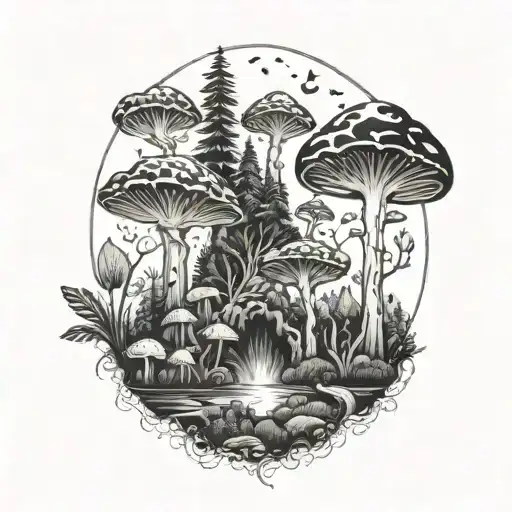 A surreal landscape of a mystical forest with exotic plants and trippy mushrooms tattoo design idea