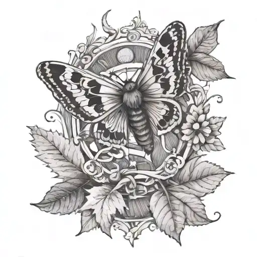 moth middle of tarot card surrounded by autumn leaves tattoo design idea