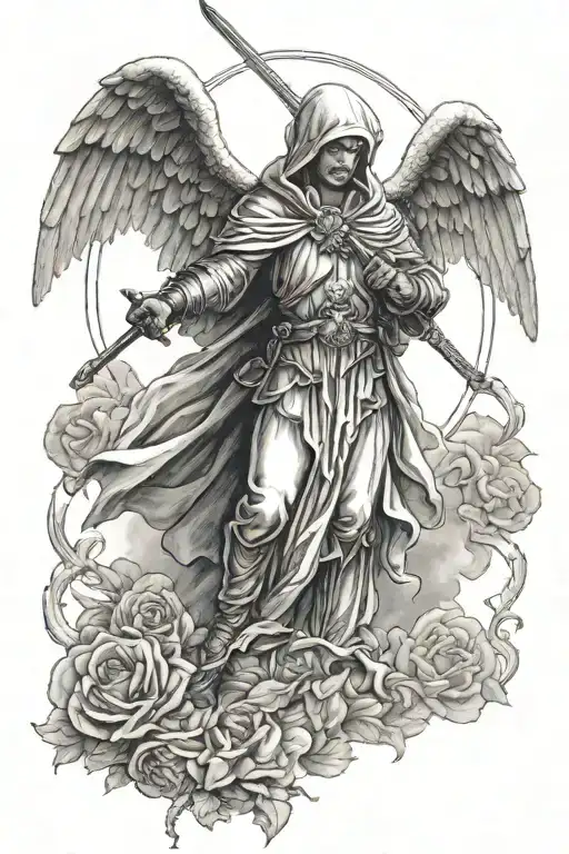 guardian angel with sword and hood tattoo design idea