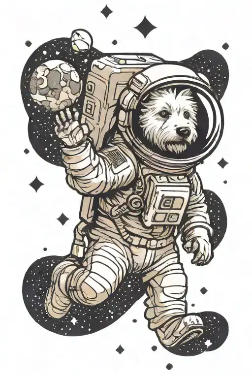 westie dog astronaut floating in space dotwork monochrome simple cartoonish tattoo design idea