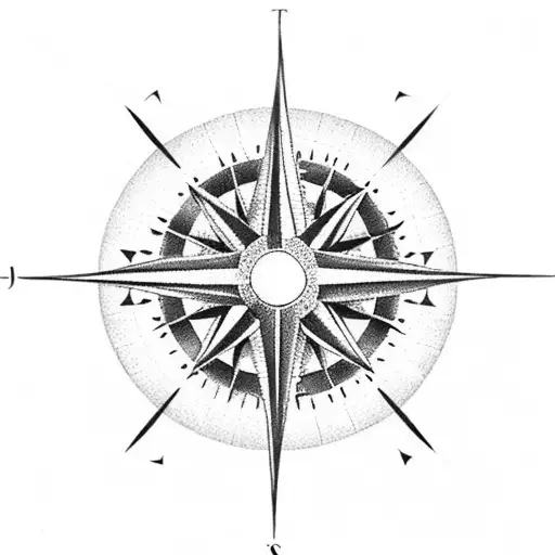 A dotwork design of a compass rose with lungs instead of directional points, representing the client's love for travel and respiratory therapy tattoo design idea