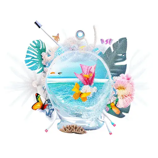 A new-school style collage of a tropical beach scene with colorful flowers, butterflies, and respiratory therapy tools scattered throughout, creating a vibrant and dynamic composition tattoo design idea