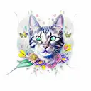 A realistic portrait of a cat with butterfly wings, surrounded by colorful flowers and water elements tattoo design idea