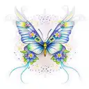 A realistic portrait of a cat with butterfly wings, surrounded by colorful flowers and water elements tattoo design idea