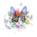 A realistic portrait of a cat with butterfly wings, surrounded by colorful flowers and water elements tattoo design idea