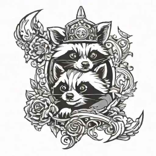A cute animal mashup featuring a raccoon, panda, and unicorn in a gothic setting tattoo design idea