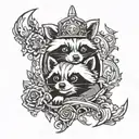 A cute animal mashup featuring a raccoon, panda, and unicorn in a gothic setting tattoo design idea