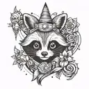 A cute animal mashup featuring a raccoon, panda, and unicorn in a gothic setting tattoo design idea