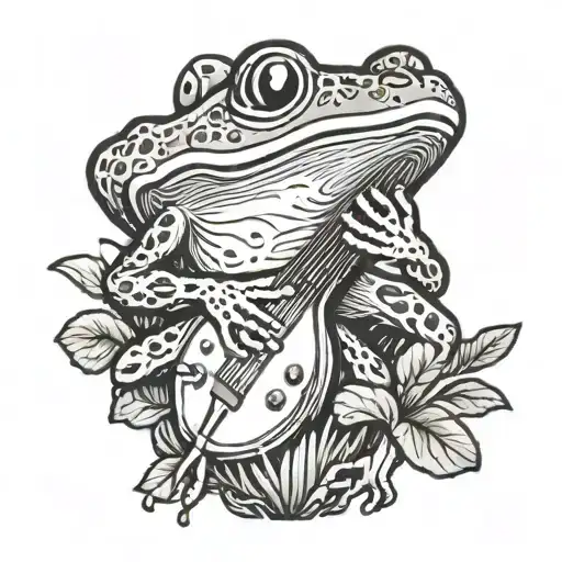 frog playing banjo on mushroom tattoo design idea