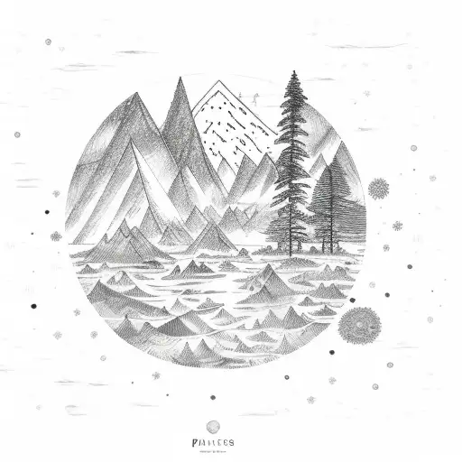 A detailed sketch of a Pisces constellation surrounded by elements of nature like trees, mountains, and rivers tattoo design idea
